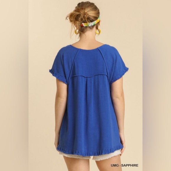 Umgee | Pintuck High-Low Frayed Hem Linen Tunic Top - Picture 13 of 14